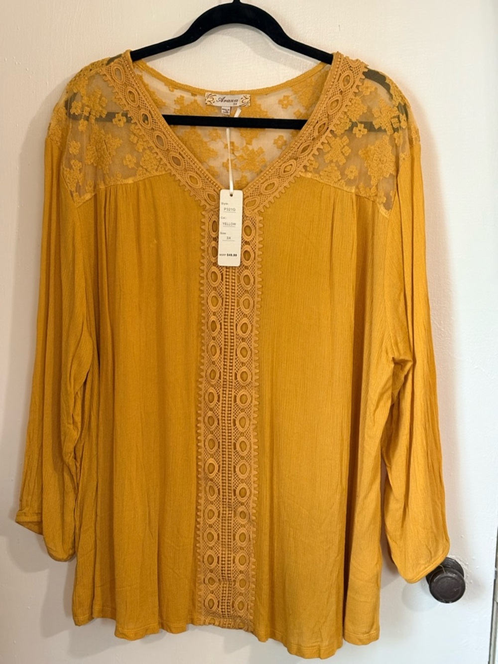 Anaxxa 3X Mustard Yellow Lace Boho Blouse Long Sleeve Flowy Top NWT
